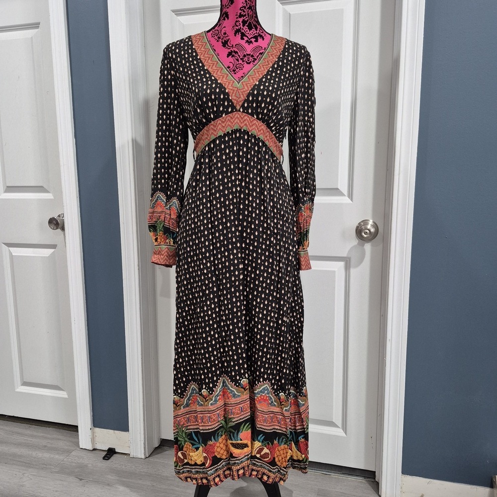 Farm Rio Anthropologie Maxi Dress Small Long Sleeve Tropical Fruit Resort Boho